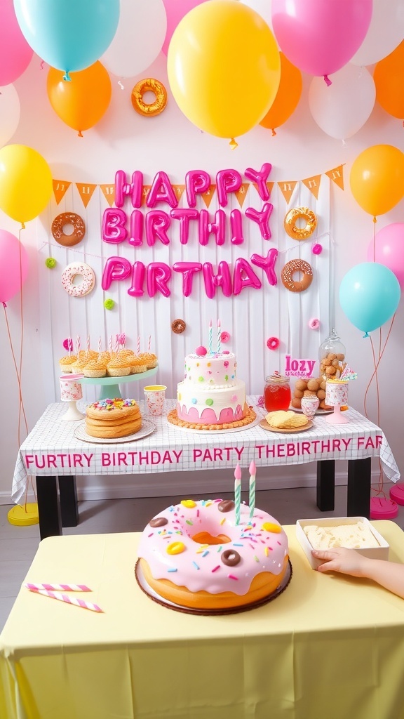 Donut-Themed 8th Birthday Party A fun donut-themed birthday party with colorful decorations and a table of donuts.